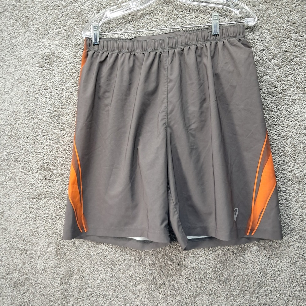 Asics Mens Gray Orange Athletic Running Shorts Size L Rear Zip Pocket 7080